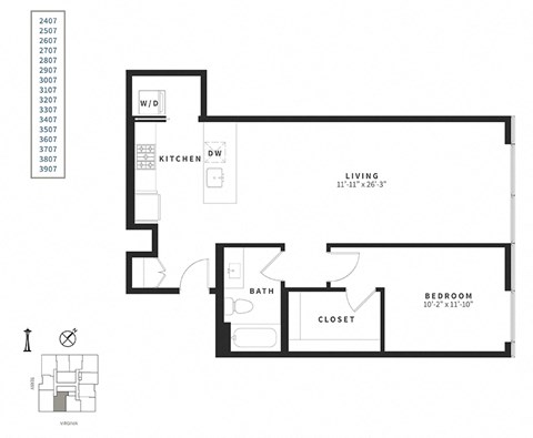Floor plan for 1 bed, 1 bath, 861 sqft